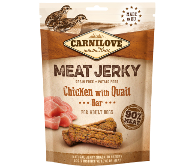 Framsidan av förpackningen för Carnilove Dog Meat Jerky Chicken with Quail Bar - 100 gram.