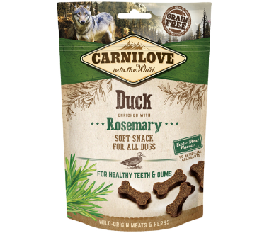 Framsidan av förpackningen för Carnilove Dog Semi Moist Snack Duck with Rosemary - 200 gram.