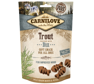Framsidan av förpackningen för Carnilove Dog Semi Moist Snack Trout with Dill - 200 gram.
