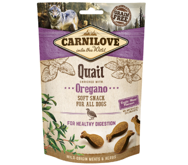 Framsidan av förpackningen för Carnilove Dog Semi Moist Snack Quail with Oregano - 200 gram.
