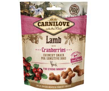 Framsidan för förpackningen för Carnilove Dog Crunchy Snack Lamb with Cranberries - 200 gram.
