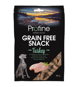 Framsidan av förpackningen för Profine Dog Grain Free Semi Moist Snack Turkey - 200 gram.