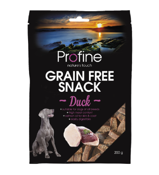 Framsidan av förpackningen för Profine Dog Grain Free Semi Moist Snack Duck - 200 gram.