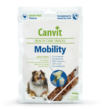 Framsidan av förpackningen för Canvit Dog Health Care Snack Mobility - 200 gram.