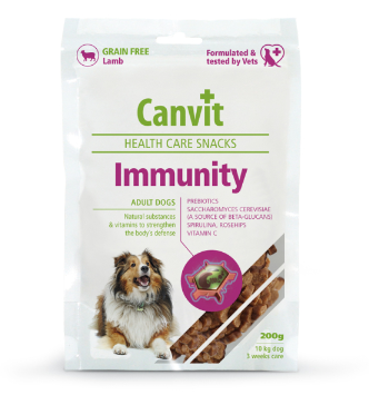Framsidan av förpackningen för Canvit Dog Health Care Snack Immunity - 200 gram.