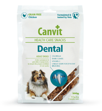 Framsidan av förpackningen för Canvit Dog Health Care Snack Dental - 200 gram.