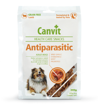 Framsidan av förpackningen för Canvit Dog Health Care Snack Antiparasitic - 200 gram.