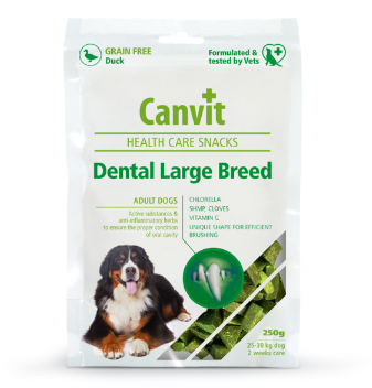 Framsidan av förpackningen för Canvit Dog Health Care Snack Dental Large Breed - 200 gram.
