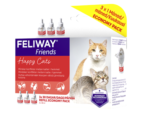 Framsidan av det stora paketet med 3 stycken refills för Feliway Friends.