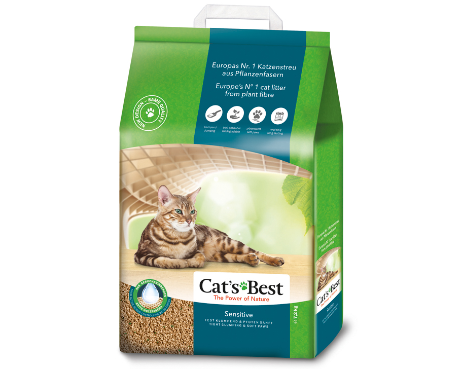 Framsidan av förpackningen för Cat's Best Sensitive - 7,2 kg.