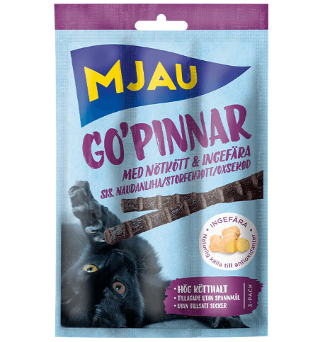 Framsidan av förpackningen för Mjau Go’Pinnar med Nötkött & ingefära - 15 gram.