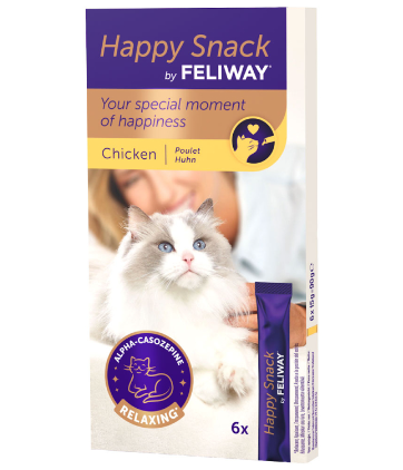 Framsidan av förpackningen för Feliway Happy Snacks.