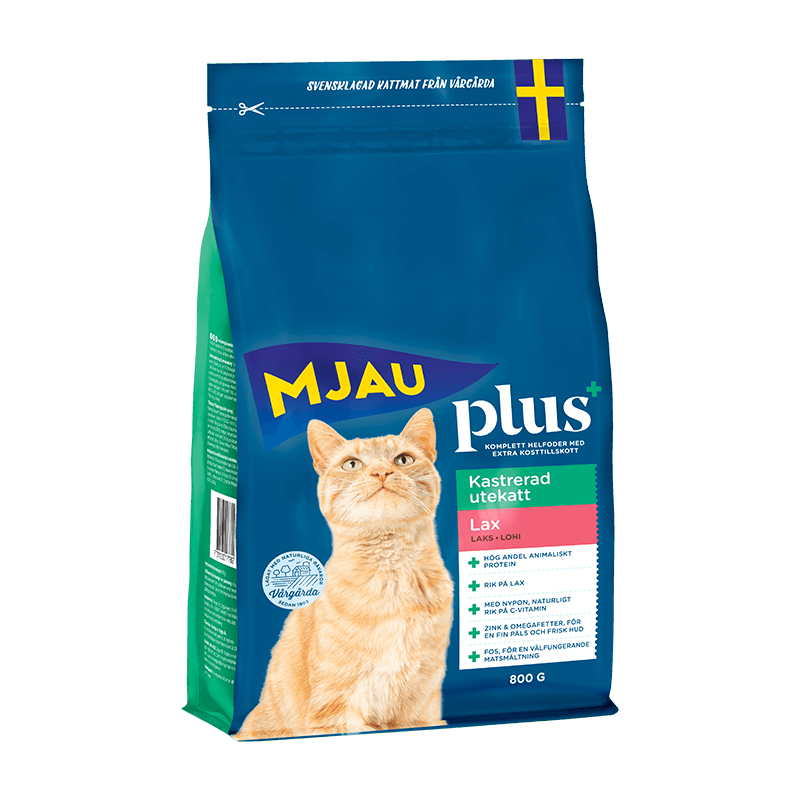 Framsidan av förpackningen för Mjau Plus+ torrfoder för kastrerad utekatt med smak av lax.