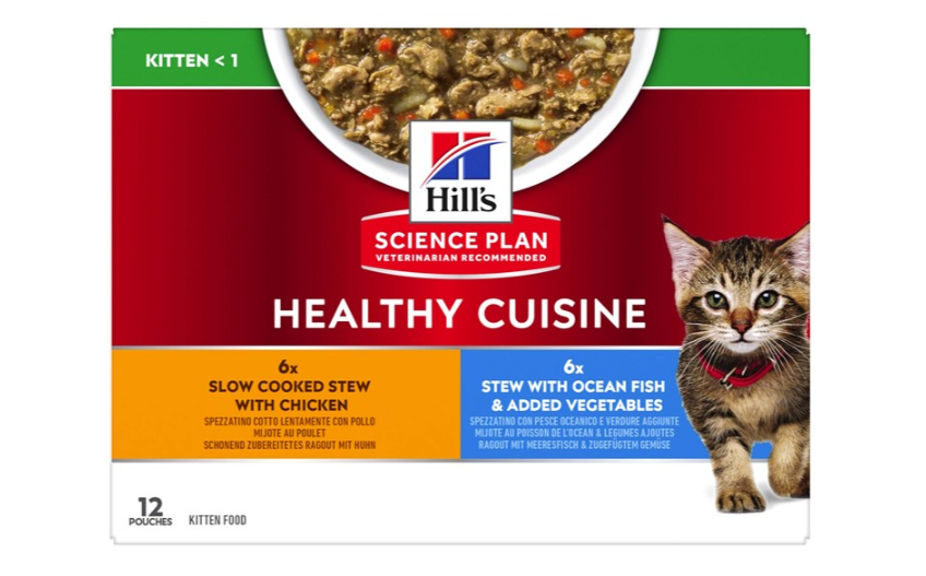 Framsidan av förpackningen för Hills Science Plan Kitten Healthy Cuisine Chicken/Ocean Fish & Vegetables.