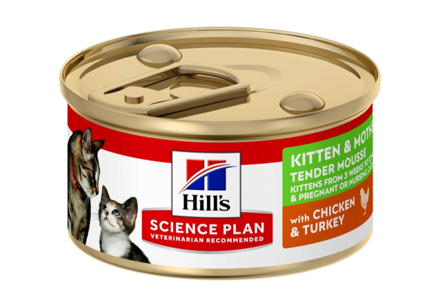 Framsidan av förpackningen för Hills Science Plan Kitten & Mother Tender Mousse, Chicken.