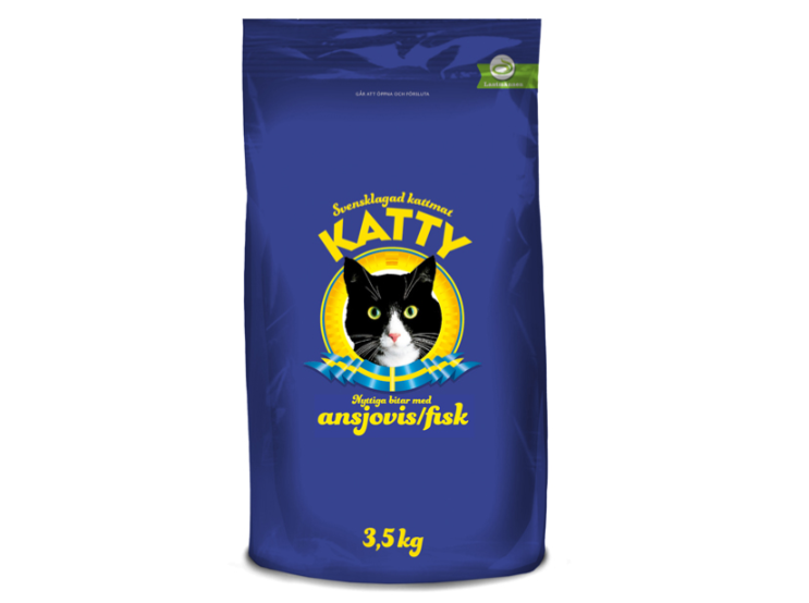 Framsidan av förpackningen för Katty nyttiga bitar ansjovis - 3,5 kg.
