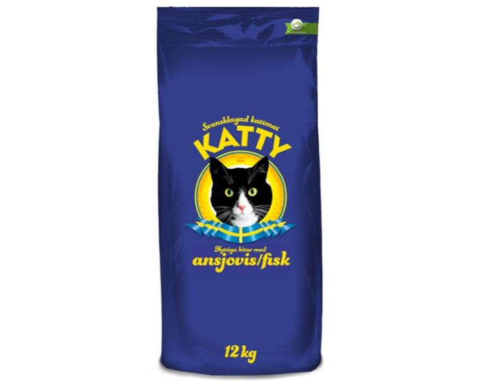 Framsidan av förpackningen för Katty nyttiga bitar ansjovis - 12 kg.