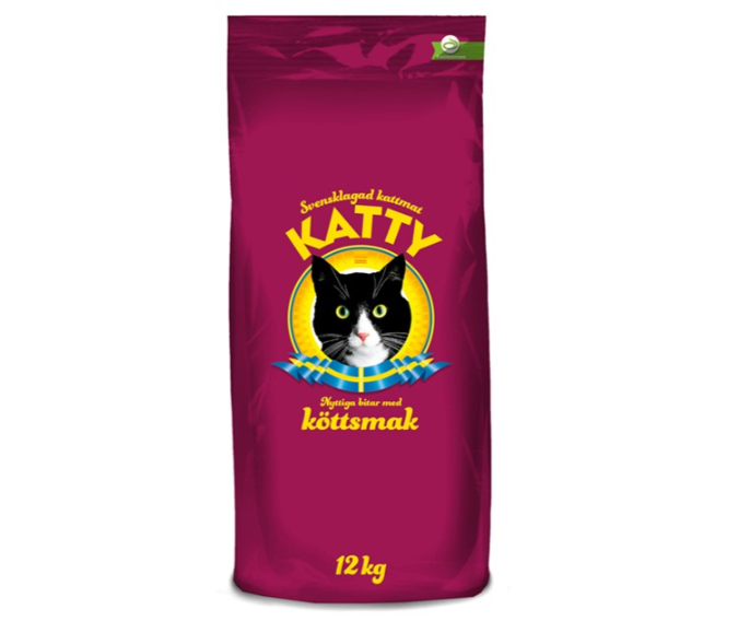 Framsidan av förpackningen för Katty nyttiga bitar kött - 12 kg.