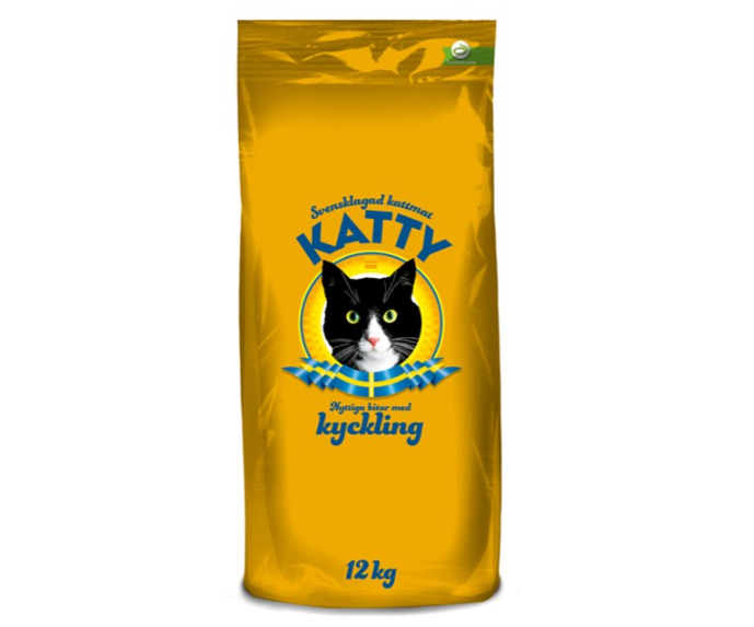 Framsidan av förpackningen för Katty nyttiga bitar kyckling - 12 kg.