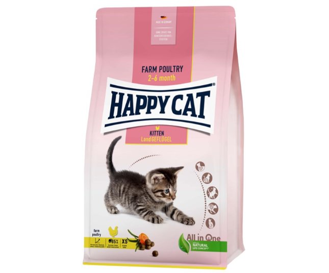 Framsidan av förpackningen för HappyCat Kitten Fågel - 1,3 kg.