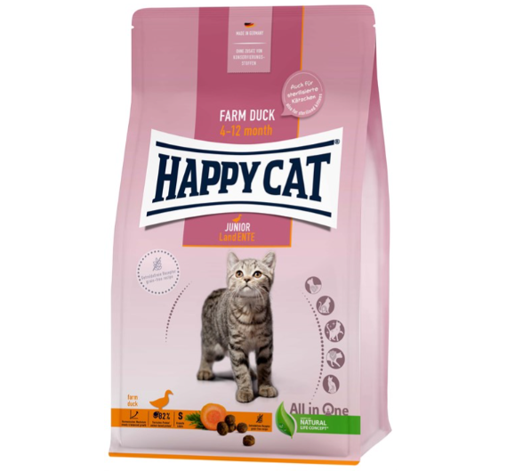 Framsidan av förpackningen för HappyCat Junior GrainFree Anka - 4 kg.