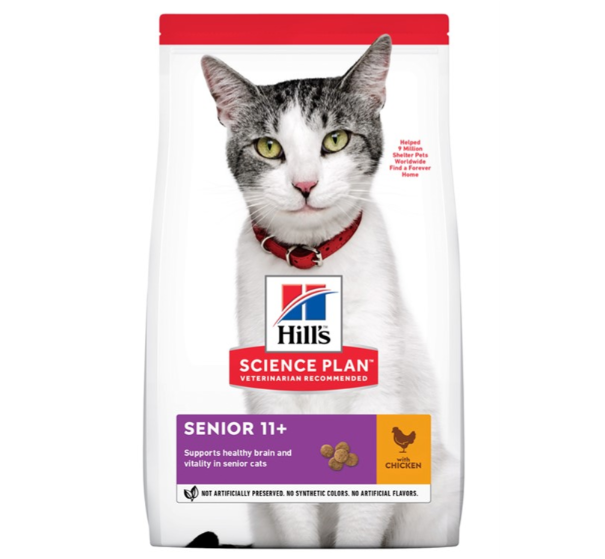 Framsidan av förpackningen för Hills Science Plan Feline Senior Chicken.