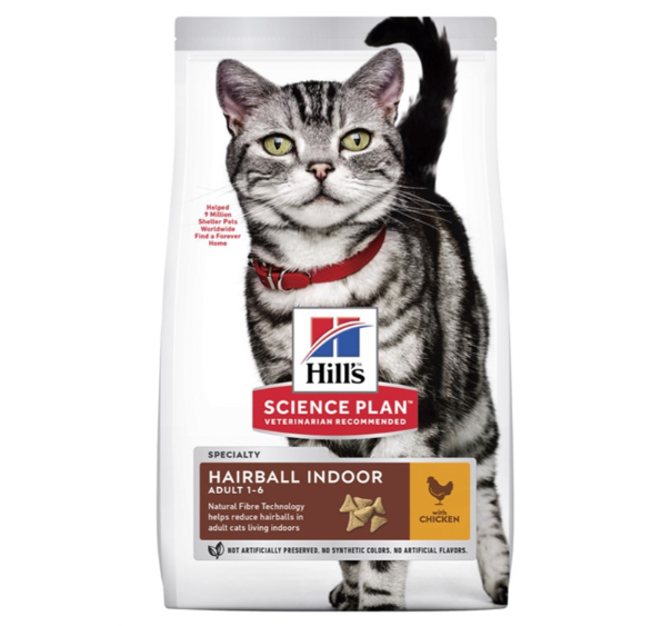 Framsidan av förpackningen för Hills Science Plan Feline Adult Hairball & Indoor Chicken.