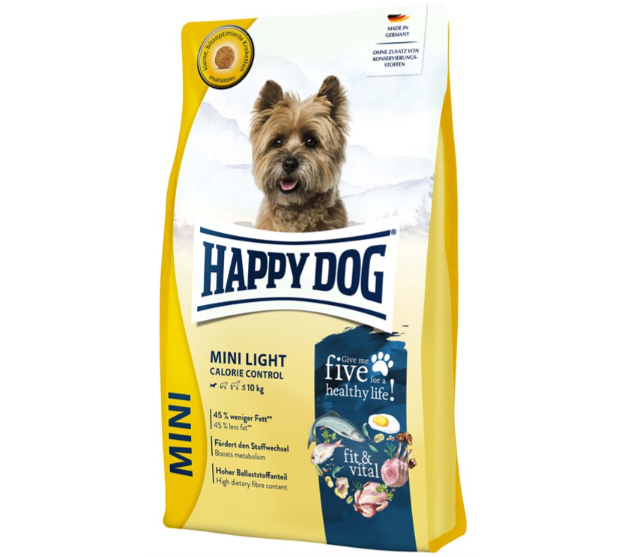Framsidan av förpackningen för HappyDog Fit & Vital Mini Light.