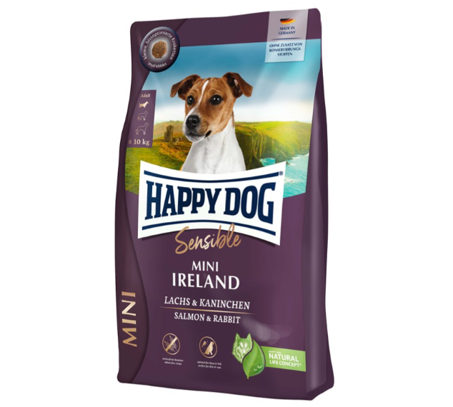 Framsidan av förpackningen för HappyDog Sensible Mini Ireland.