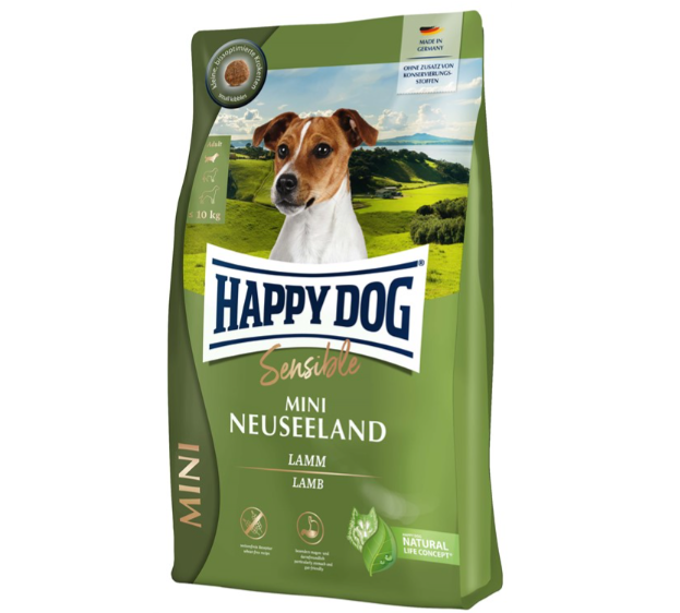 Framsidan av förpackningen för HappyDog Sensible Mini Neuseeland.