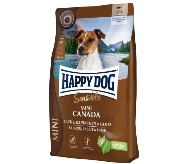 Framsidan av förpackningen för HappyDog Sensible Mini Canada.