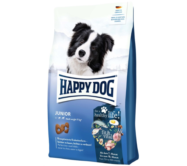 Framsidan av förpackningen för HappyDog Fit & Vital Junior.