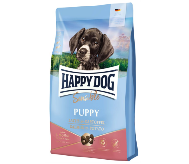 Framsidan av förpackningen för HappyDog Sensible Puppy Salmon & Potato.