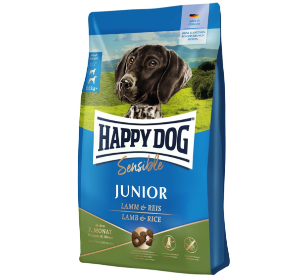 Framsidan av förpackningen för HappyDog Sensible Junior Lamb & Rice.