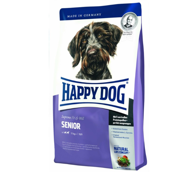 Framsidan av förpackningen för HappyDog Senior.