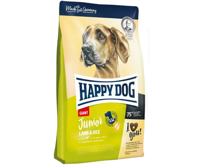 Framsidan av förpackningen för HappyDog Junior Giant Lamb & Rice.
