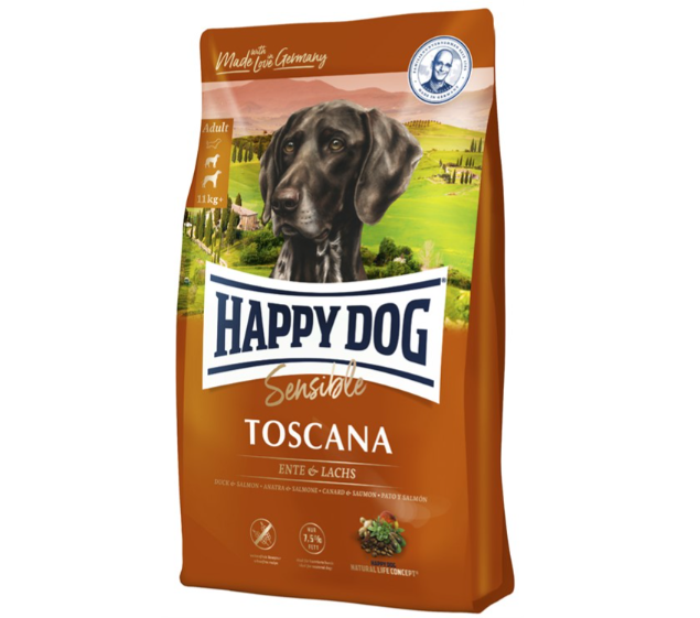 Framsidan av förpackningen för HappyDog Sensible Toscana.