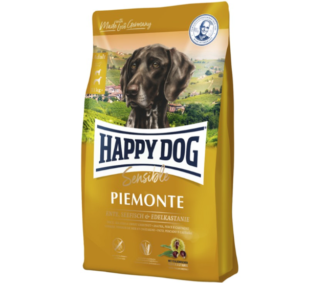 Framsidan av förpackningen för HappyDog Sensible Piemonte GrainFree.
