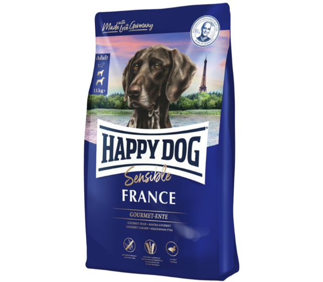 Framsidan av förpackningen för HappyDog Sensible France GrainFree.