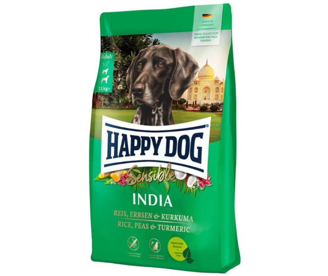 Framsidan av förpackningen för HappyDog Sensible India Vegetarian.