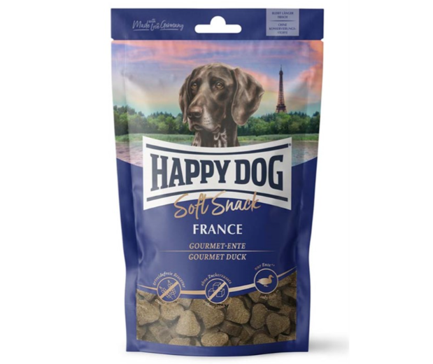 Framsidan av förpackningen för HappyDog Soft Snack France.