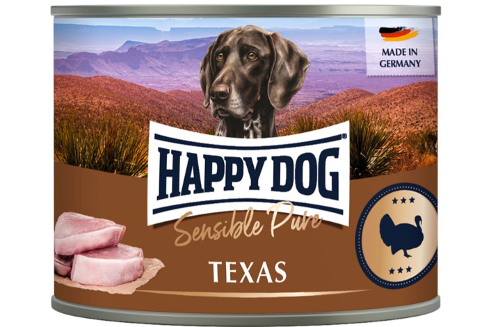 Framsidan av konservburken Happydog Texas.