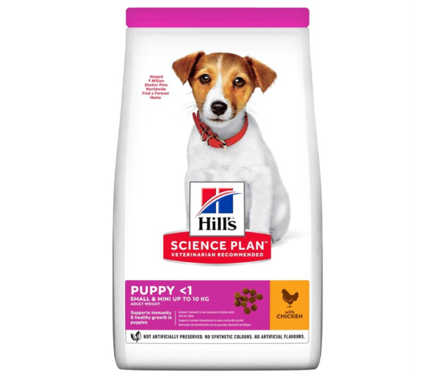 Framsidan av förpackningen för Hills Science Plan Puppy Small & Mini Chicken.