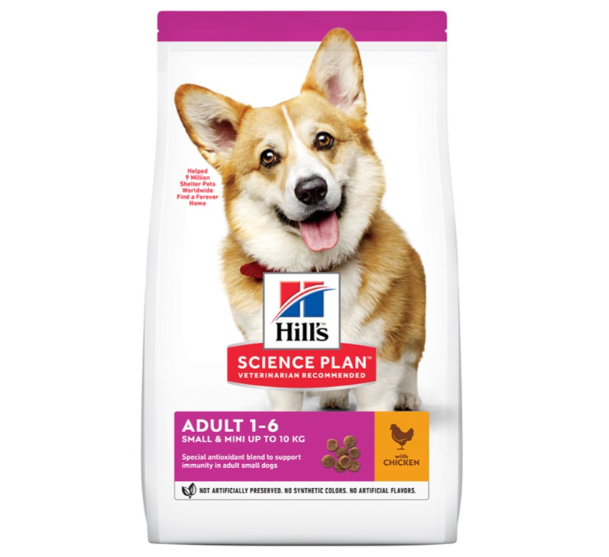 Framsidan av förpackningen för Hills Science Plan Canine Adult Small & Mini Chicken.