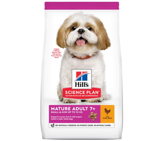 Framsidan av förpackningen för Hills Science Plan Canine Mature Small & Mini Chicken.