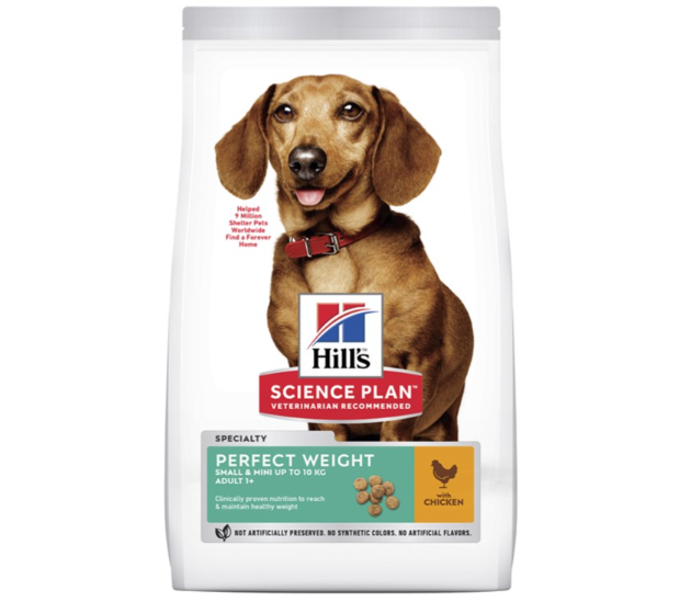 Framsidan av förpackningen för Hills Science Plan Canine Adult Perfect Weight Small & Mini Chicken.