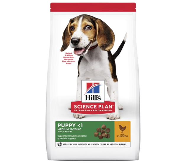Framsidan av förpackningen för Hills Science Plan Puppy Medium Chicken.