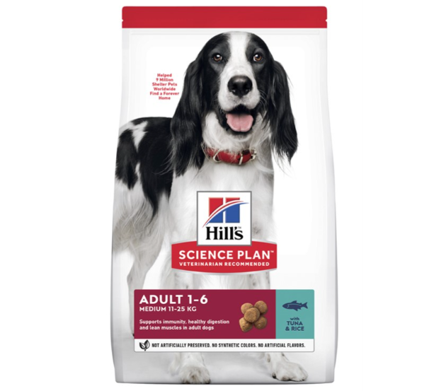 Framsidan av förpackningen för Hills Science Plan Canine Adult Medium Tuna & Rice.