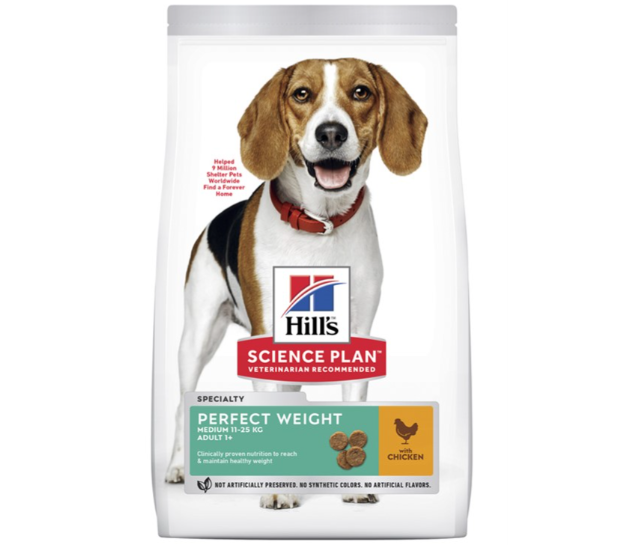 Framsidan av förpackningen för Hills Science Plan Canine Adult Perfect Weight Medium Chicken.