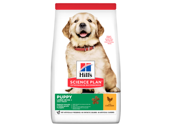 Framsidan av förpackningen för Hills Science Plan Puppy Large Breed Chicken.